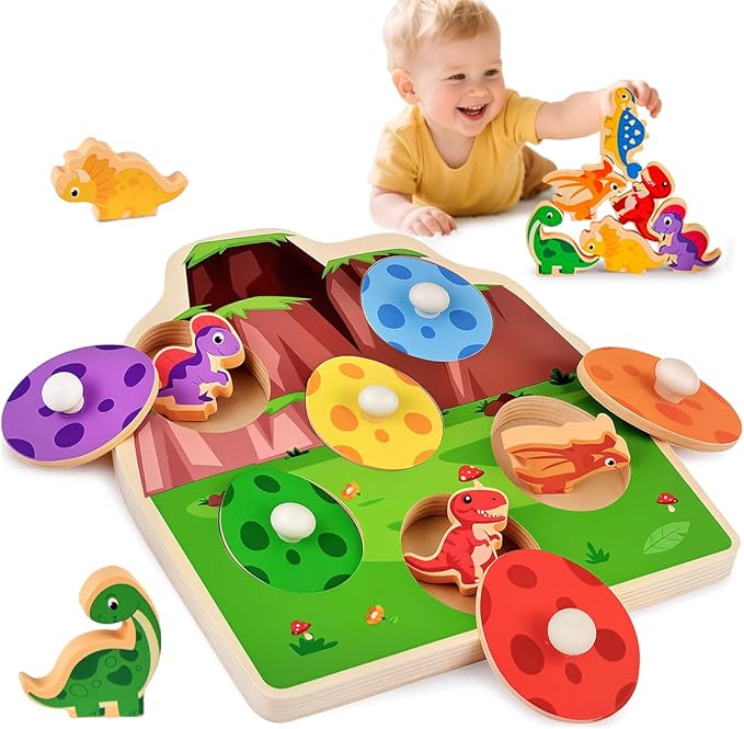 3 otters Wooden Peg Puzzles for Toddlers, Montessori Toys Dinosaur Learning Toys for Family Entertainment Education Birthday Party Favors