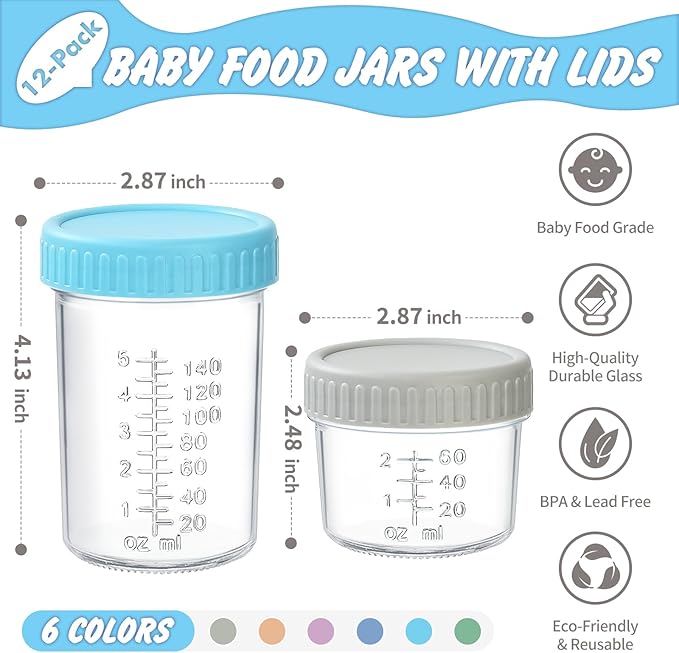 DRKIO 12 Pack Glass Baby Food Storage Containers - 4 & 8 oz Baby Food Jars with Lids Baby Food Maker Microwave Dishwasher Freezer Safe 100% Leak Proof BPA Free Reusable