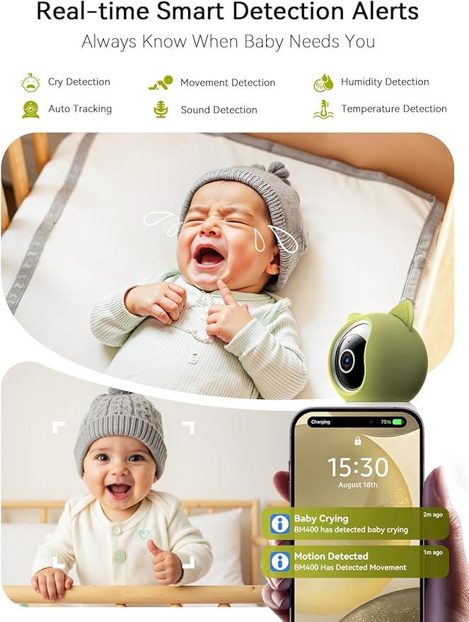 Outinput Baby Monitor with Camera and Audio, 2K 4MP Indoor Security Camera for Home, 360° PTZ, AI Crying & Feeding Alerts, Night Vision with Gentle Light, Soothing Lullabies, 2-Way Audio