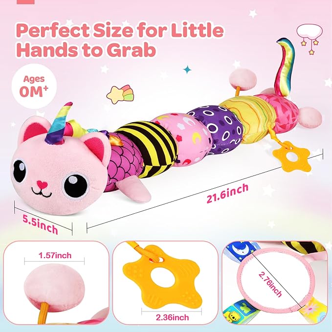 Baby Toys 0-6 6-12 Months, Sensory Musical Animal Stuffed Plush Unicorn Cat Toy for Infant 0-3-6 Months & Up, Tummy Time with Mirror Crinkle Rattle, Christmas Baby Shower Gifts for Newborn Boys Girls