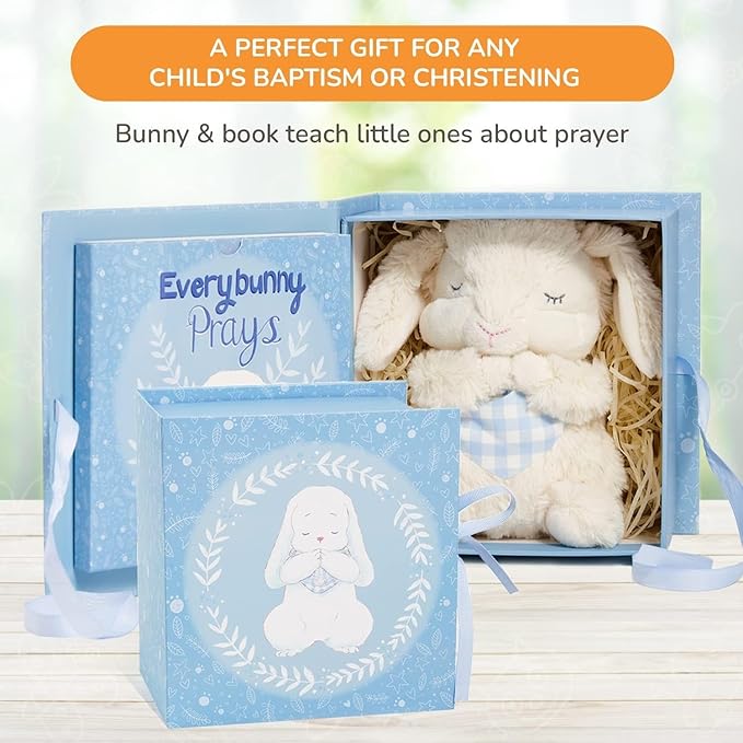 Tickle & Main Everybunny Prays Bunny Stuffed Animal & Musical Toy - Blue, 7 in Plush & Illustrated Book, Recites Now I Lay Me Down to Sleep - Baptism Gifts for Boys - Christening Gifts for Boys