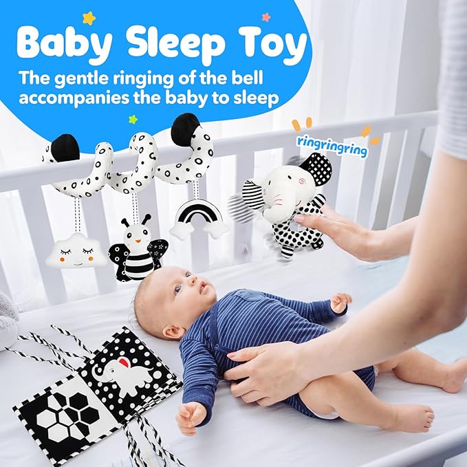 TSYAN High Contrast Baby Toys for Babies 0-6 Months, Black and White Baby Sensory Toys with Car Seat Toys,Infant Toys with Black White Book, Hanging Rattle Toys for Baby Gifts