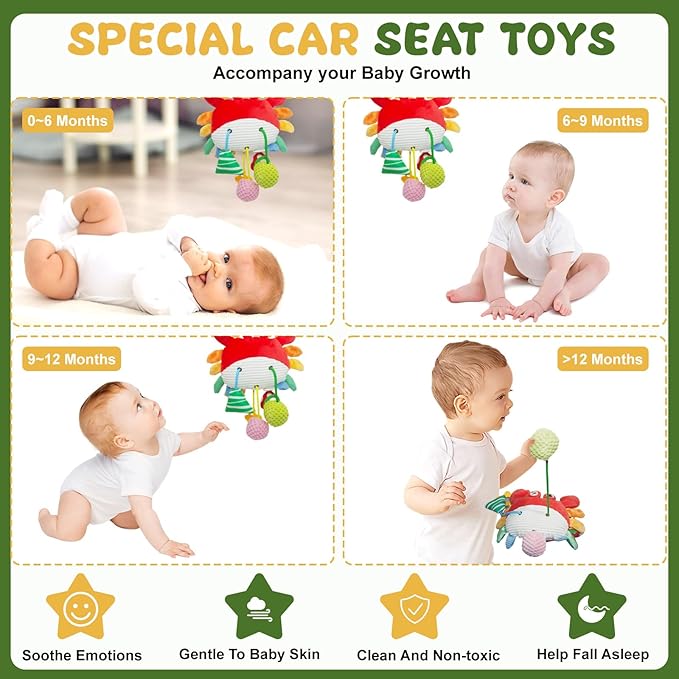 ElapseGlow Crab Baby Toy - Clip-On Hanging Sensory Toy for Car Seat, Stroller, Gym with Squeaker, Crinkle, Rattle, Mirror & Teether | Soft Plush 18 Months Infant Developmental Toy for Tummy Time (Red)