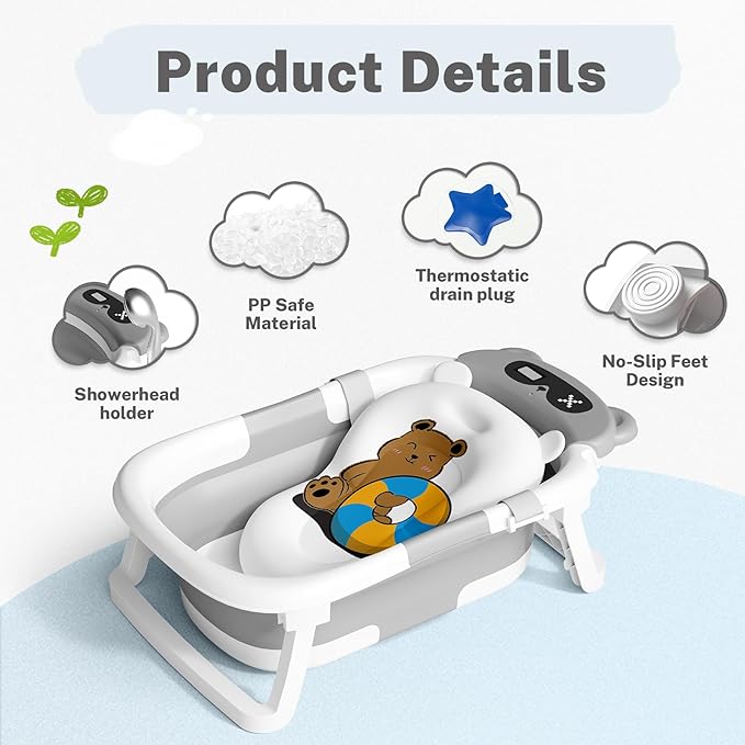 AVIDOR Baby Bathtub,Collapsible Bathtub for Newborn to Toddler,Durable Essential Infant Bath Tub,Portable Travel Baby Tub with Soft Cushion,No-Slip Hanging and Detachable(Grey)