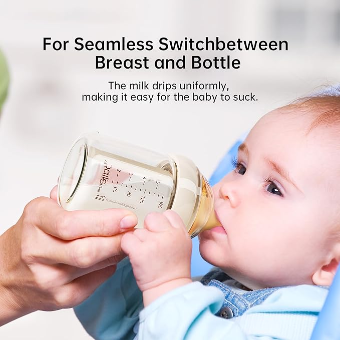 Natural Nursing Glass Baby Bottle - with Anti-Colic Vent System - BPA-Free, 3 oz and 5 oz Wide-Neck Baby Bottle with Slow Flow & Medium Flow Nipple, 0-6 Months, 2 Pack (Includes 4pcs Nipples)