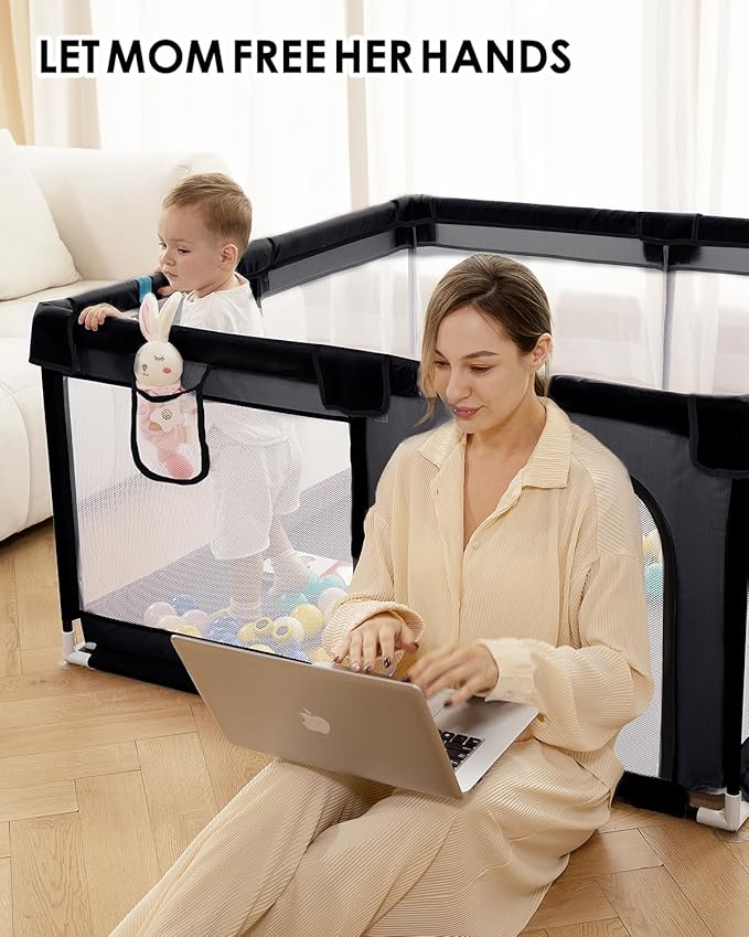 [Upgraded] dearlomum Baby Playpen, 71"x59" Extra Large Playard with Thickened Steel Pipes, Baby Activity Center with Gate & Toys, Sturdy Soft Mesh Safety Fence for Toddlers (Black)