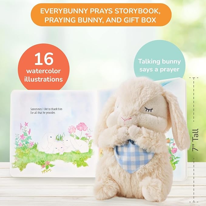 Tickle & Main Everybunny Prays Bunny Stuffed Animal & Musical Toy - Blue, 7 in Plush & Illustrated Book, Recites Now I Lay Me Down to Sleep - Baptism Gifts for Boys - Christening Gifts for Boys