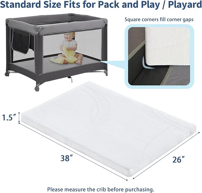 Ustenroya Pack and Play Mattress 38 x 26 x 1.5 inch, Soft Breathable Playard & Pack N Play Mattresses with Washable Waterproof Cover for Baby ＆Toddler