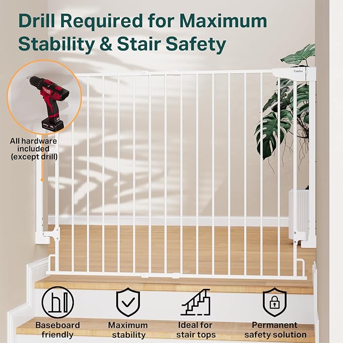 Cumbor 34" Extra Tall Baby Gate for Stairs, Wall-Mounted (Drill Required), Expandable 31.6-48" No Bottom Bar Dog Gate Indoor for Larger Pets, Large Walk Thru Door for Easy Access (White)
