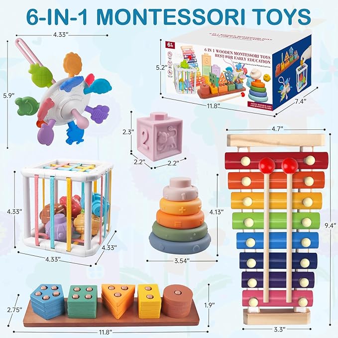 6 in 1 Montessori Baby Toys for 1 Year Old, Toddlers Sensory Teething Toys for Babies, Wooden Stacking Building Blocks Shape Sorter, Xylophone Musical Toy, Educational Birthday Gift for Kids 1 2 3