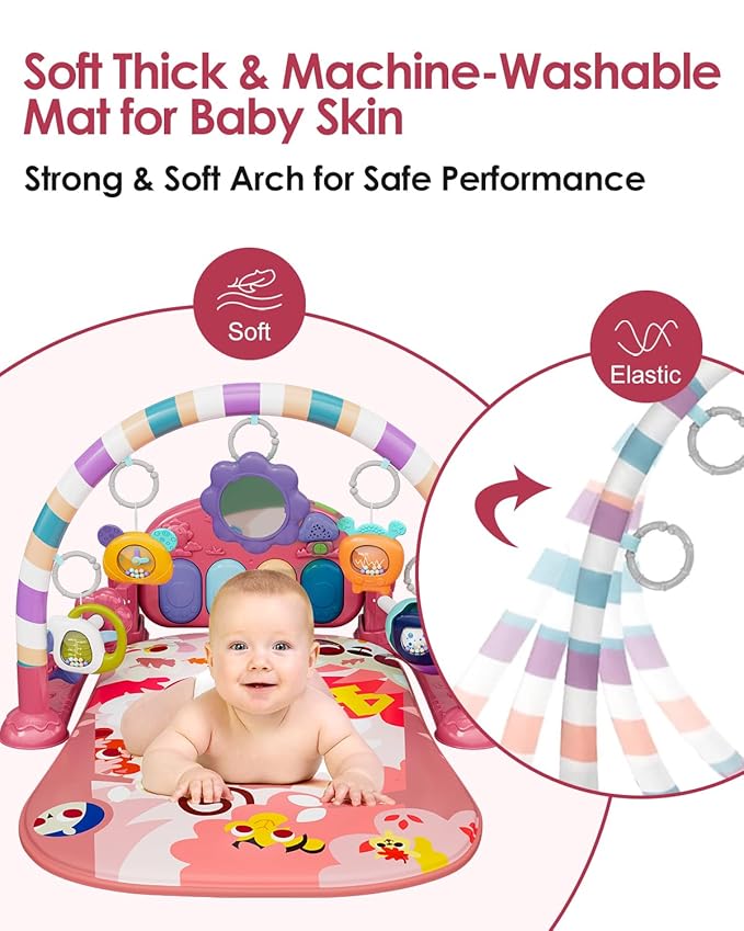 dearlomum Baby Play Mat Baby Gym,Funny Play Piano Tummy Time Baby Activity Mat with 5 Infant Sensory Baby Toys & 2 Baby Book Toys, Boy & Girl Gifts for Newborn 0 to 3 6 9 12 Months(Pink), Medium