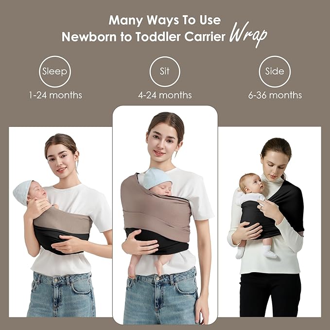 Baby Wrap Carrier, Lightweight Baby Wearing Wraps for Newborn and Infant, Soft Swaddle Holder Carrier, Cozy Baby Sling 7-35 lbs Black+Brown