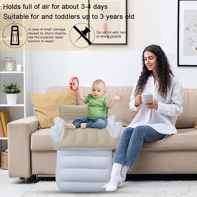 Sunlisky Inflatable-Toddler-Travel-Bed for Airplane Car Seat Portable Foldable Infant Travel Bed Baby Travel Crib with Sides,Hand Pump Safety Belt and Carry Bag Sets (Beige)