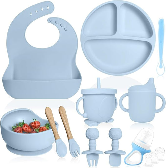 Bluet B- Silicone Baby Feeding Set with Pacifier - Baby Led Weaning Supplies - Baby Spoons, Suction Bowl - Plate - Baby Utensils Set - Silicone Feeding Set for Baby First Foods -11pcs - Light Blue