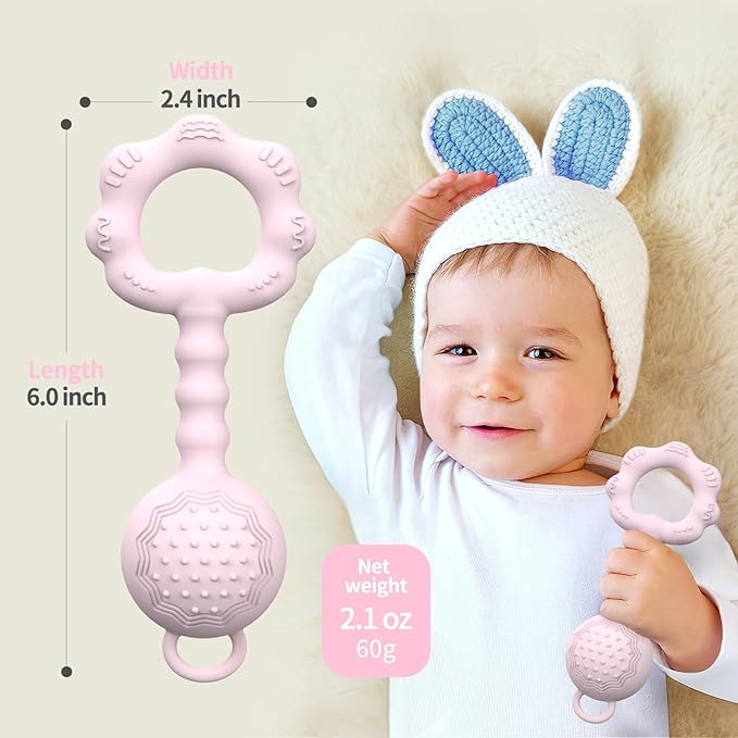 Teething Toys for Babies 6-12 Months, Baby Rattles 0-6 Months, 2-in-1 Rattle and Teether Toy for Soothing Sore Gums and Keeps Little Ones Entertained, Food Grade Silicone, Pink