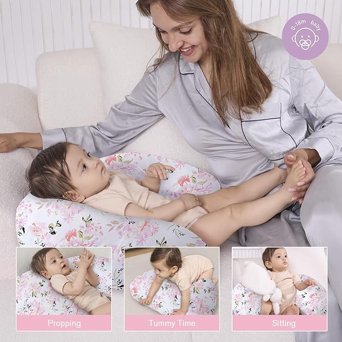 Little Grape Land Nursing Pillow, Upgraded Breast Feeding Pillow for Mom, Breastfeeding Bottle Feeding for 0–16 Months, Machine Washable Cover with Firm Breathable Filling for Tummy Time, Rose Floral