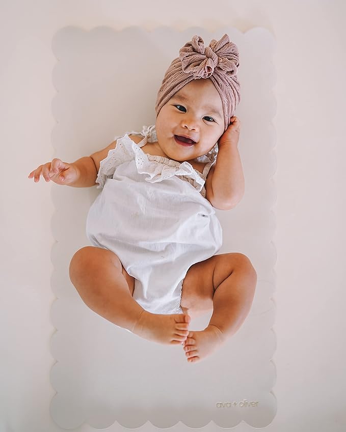 Ava + Oliver Vegan Leather Baby Changing Mat (16 X 30 in) - Multipurpose Wipeable and Portable Diaper Mat - Foldable for Travel (Cream Scallop)