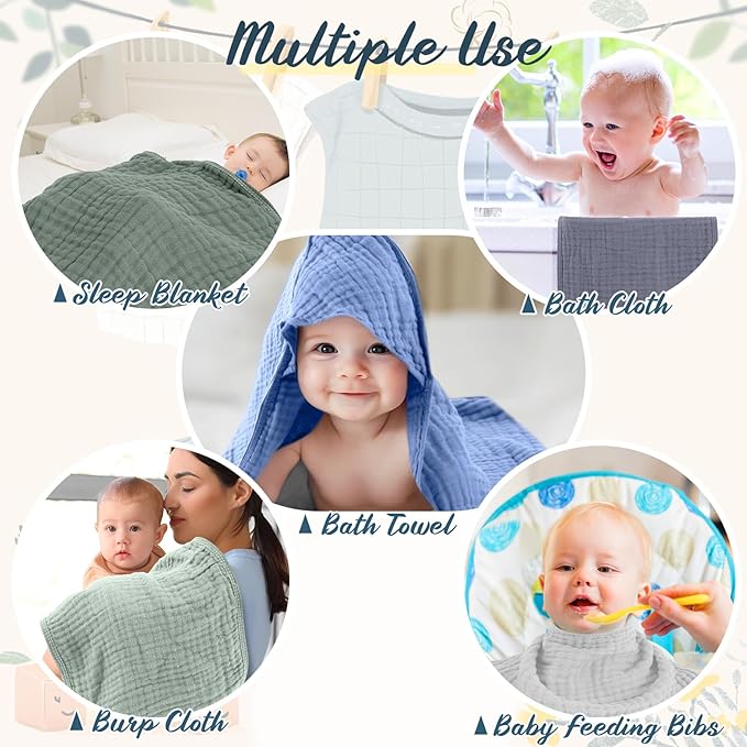 VitalCozy 12 Pcs Baby Muslin Hooded Bath Towels and Washcloths Muslin Cotton Hooded Baby Towels Absorbent Blankets for Gift Newborn Infant Shower (32 x 32 Inch,Cool Colors)