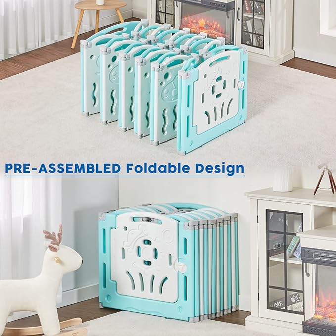 Albott Baby Playpen, 22 Panels Foldable Baby Fence with Game Panel and Safety Gate, Adjustable Shape, Portable Play Yards for Children Toddlers Indoors or Outdoors (White+Blue, 22 Panel)