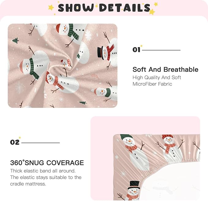 Pfrewn Christmas Crib Sheets for Boys Girls Cute Snowmen Pink Christmas Trees Fitted Crib Sheet for Mini Crib Mattress Stretch Soft Winter Pattern Toddler Baby Playard Sheet,39x27IN
