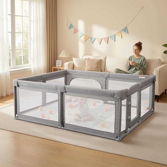 Baby Playpen,Extra Large Playpen for Babies and Toddlers, Sturdy Play Pen Play Yard with Safety Gate,79”x71”Baby Play Pen(Cationic Light Grey)