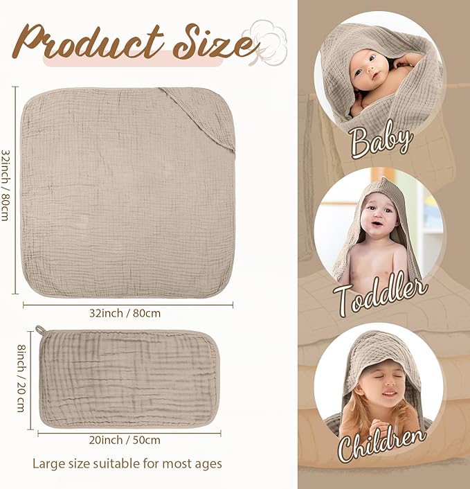 VitalCozy 8 Pcs Baby Muslin Hooded Bath Towels and Washcloths Muslin Cotton Hooded Baby Towels Absorbent Blankets for Gift Newborn Infant Shower (32 x 32 Inch,Neutral Colors)
