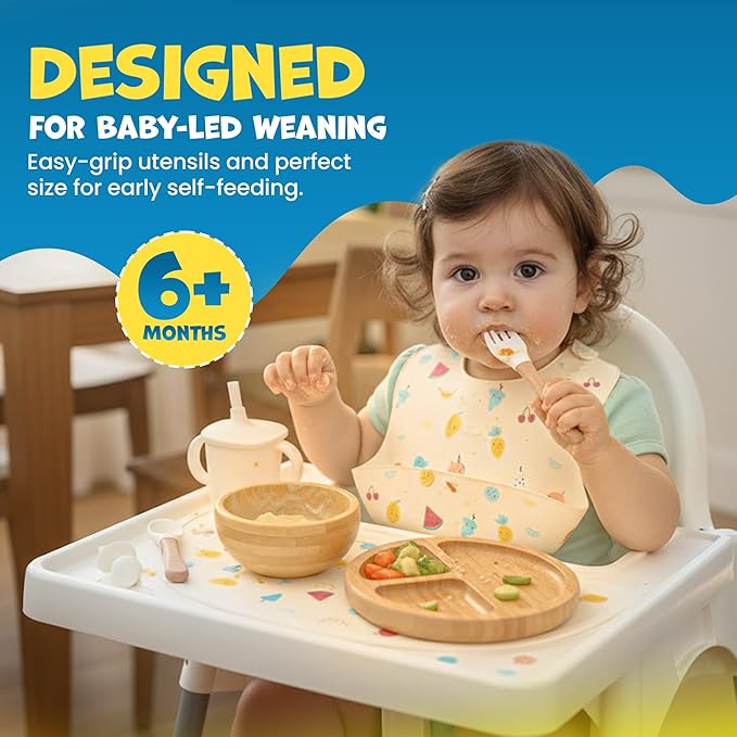 Bamboo & Silicone Baby Feeding Set 8 PCS | Baby Led Weaning Supplies Self Feeding | Divided Suction Plate Bowl Bib Sippy Cup with Straw Utensils Baby Bowls and Spoons Toddler Feeding Set (Vanilla)