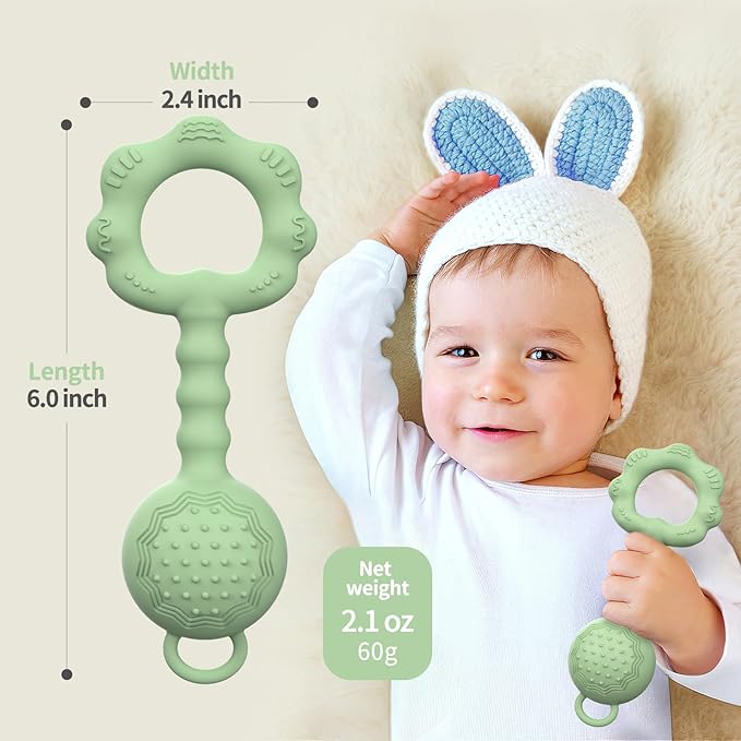 Teethers for Babies 6-12 Months, Baby Rattles 0-6 Months, 2-in-1 Rattle and Teether Toy for Soothing Sore Gums and Keeps Little Ones Entertained, Food Grade Silicone, Green
