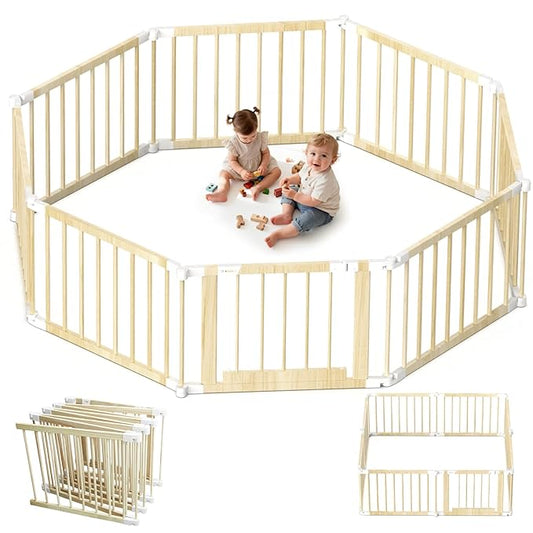 OMZER 64x64 Inch Baby Wooden Playpen - Foldable Baby Gate Pen for Babies and Toddlers - Portable Play Fence No-Tools No-Installation for Indoor & Outdoor - Adjustable Extra Large Play Yard for Kids