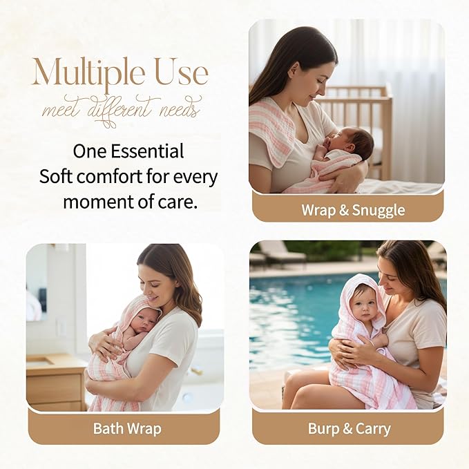 HardNok Muslin Hooded Baby Towel 4 Pack, 100% Organic Premium Cotton, (2) 6-Layer 32x32 Bath Towels & (2) Washcloths, Soft Newborn & Infant Gift Set (Pink Stripe & White)