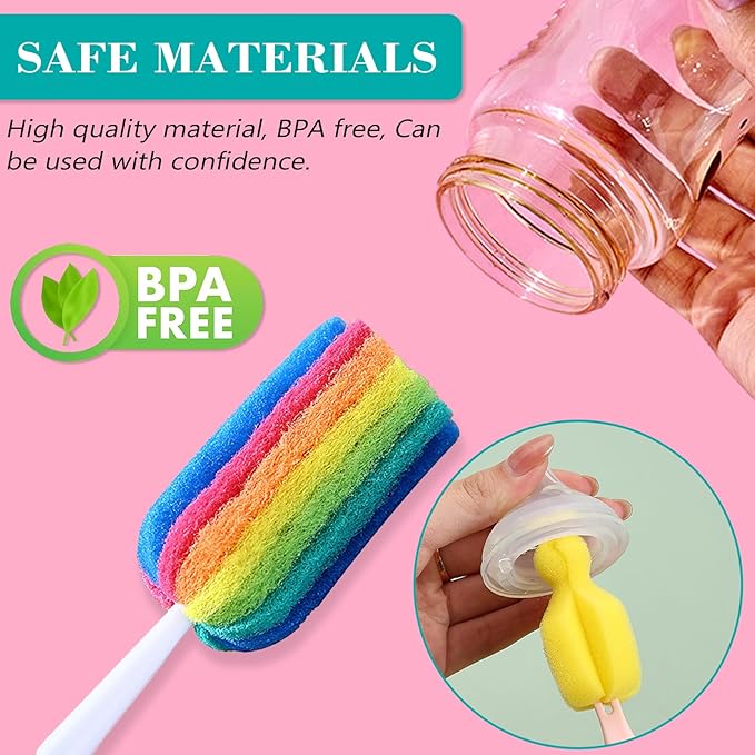 Bottle Brush Cleaner 4PCS Sponge Cleaning Brushes Long Handle Scouring Pad Scrub Brushes for Kitchen Clean Baby Bottle Glasses Mugs Cups (4 Colorful Brush+4 Nipple Brush)