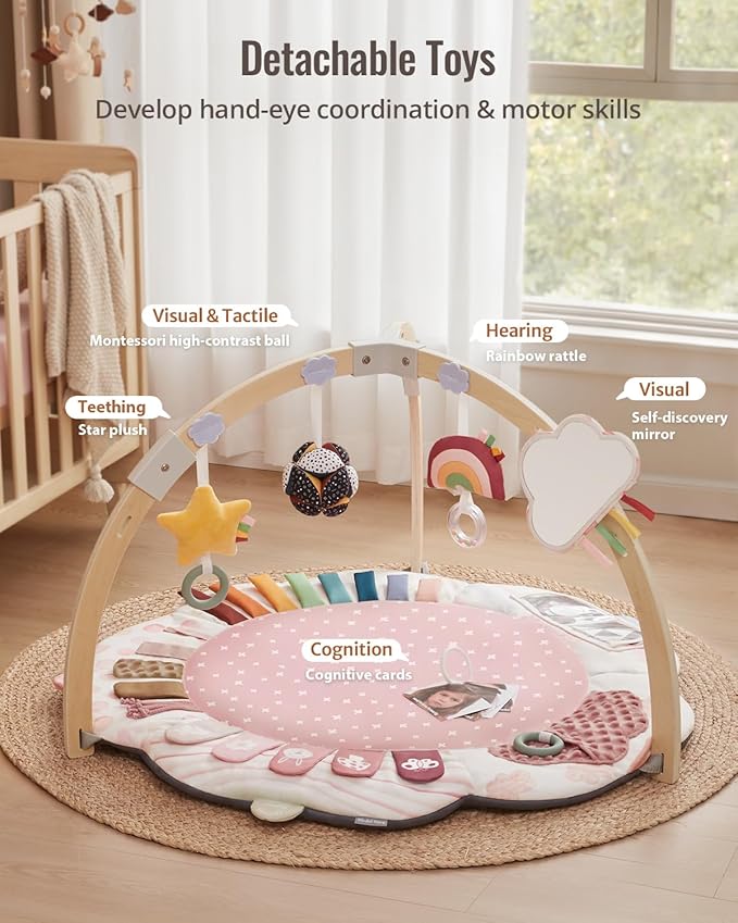 Blissful Diary Baby Play Gym & Activity Mat, 5 Developmental Zones Wooden Tummy Time Mat with 5 Detachable Sensory Toys for Motor Skills & Sensory Development, Baby Essentials Shower Gift, Pink Flower