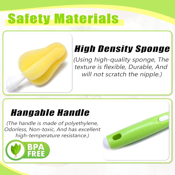 INVODA 12PCS Sponge Nipple Bottle Brushes, Baby Bottle & Nipple Cleaner with 4 Replacement Heads & 4 Straw Brushes (Yellow)