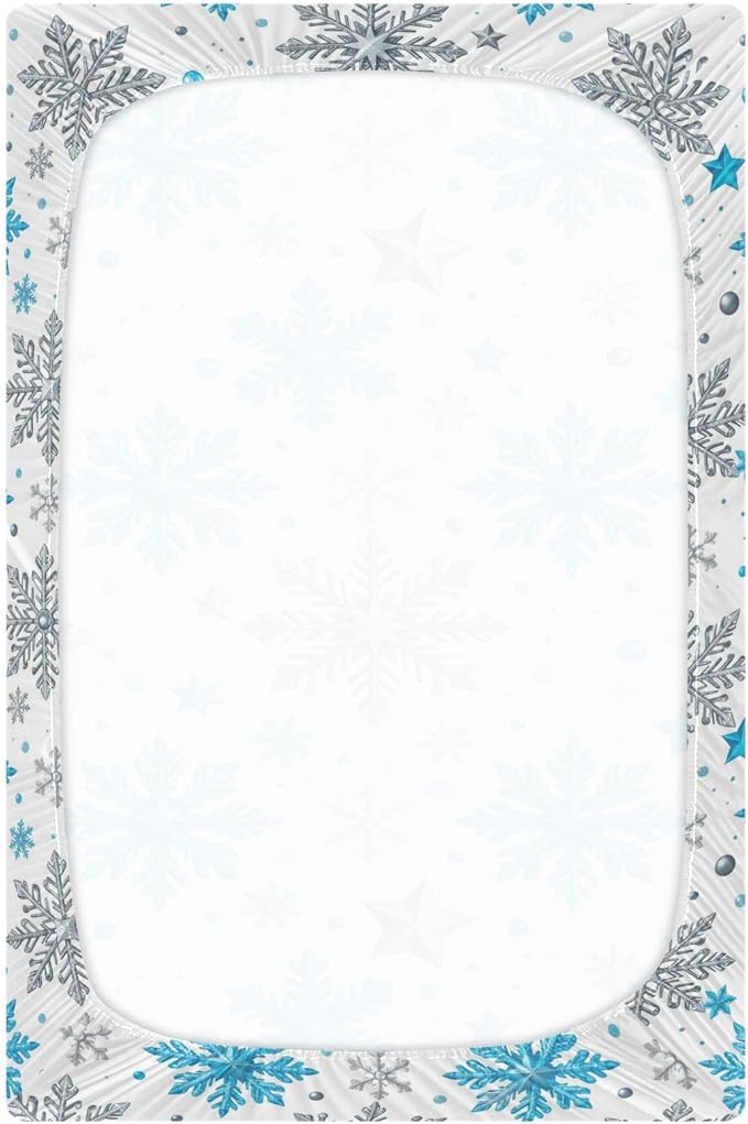 Pfrewn Christmas Crib Sheets for Boys Girls Silver and Blue Glittering Snowflakes Stars Fitted Crib Sheet for Mini Crib Mattress Stretch Soft Winter Pattern Toddler Baby Playard Sheet,39x27IN