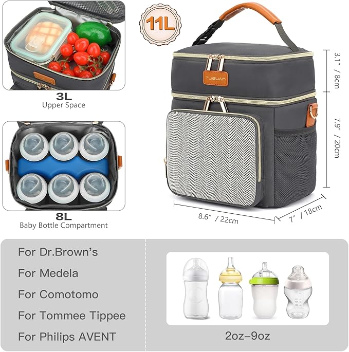 Double Layer Breastmilk Cooler Bag with Ice Pack Insulated Travel Bag for Baby Bottle Breast Milk Storage & Feeding Fits 6 Bottles Up to 9 Ounces Portable Leakproof Bottle Bag for Travel Daycare