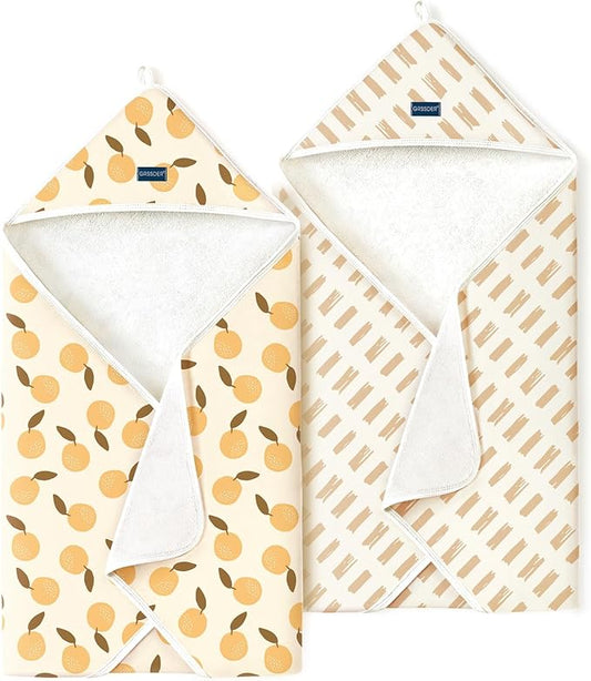 GRSSDER Baby Hooded Towel 2 Pack for Newborn, Super Soft Bath Towels with Original Designs, Ultra Absorbent Knit Terry, Large Toddler Towels with Hood for Boys Girls, Shower Gifts for Infant,34"x 34"
