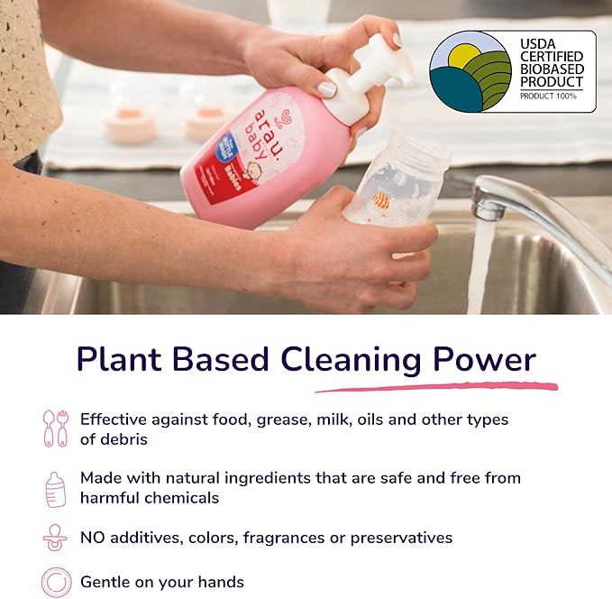 Arau Baby Unscented Foam Bottle Wash, Natural Plant Based Baby Bottle & Dish Soap, No Artificial Fragrance or Additives, Gentle for Washing Bottles, Pacifiers and Toys, Easy Rinse, 15.21 Fl Oz