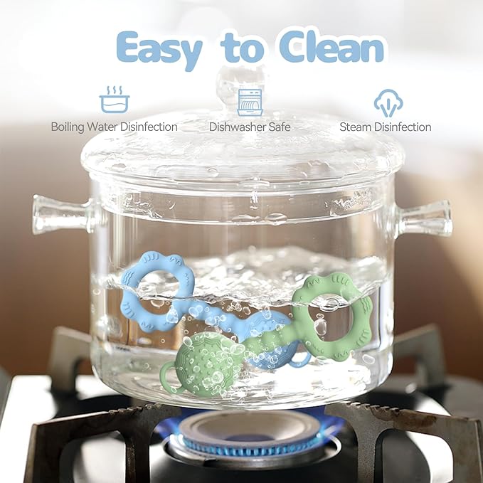 2 Pcs Baby Rattle Teether, 2-in-1 Rattle and Teether Toy for Soothing Sore Gums and Keeps Little Ones Entertained, Food Grade Silicone (Blue+Green)