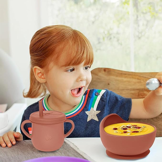 Dormlony 100% Silicone Baby Feeding Set, 9 Pcs: Bib, Divided Plate, Bowl, Sippy Cup, Spoons & Forks (Carrot)