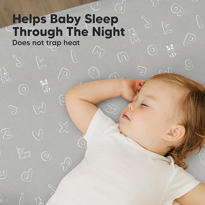 2-Pack Mini Crib Sheets Fitted - 38x26 Pack N Play Sheets for Pack and Play Mattress, Organic Cotton, Soft & Breathable Playard Bedding, Neutral Mini Toddler Bed Cover for Boys, Girls (ABC Land)