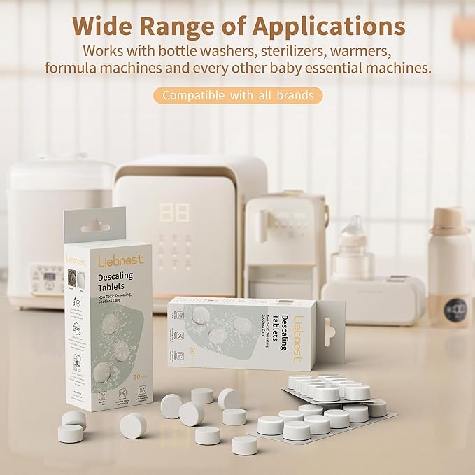 30 Count Descaling Tablets – Compatible with Baby Brezza, Momcozy, Papablic & All Brands. Fits Bottle Washers, Warmers, Sterilizers & Formula Makers to Remove Milk Stains & Limescale