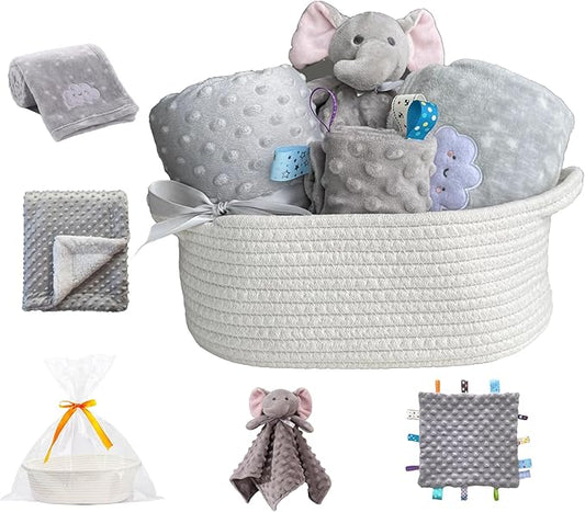 CREVENT Baby Welcome Gift Set Storage Basket with 2 Blankets+ 1 Security Blanket + 1 Taggie + 1 Gift Bag with Ribbon (Grey)