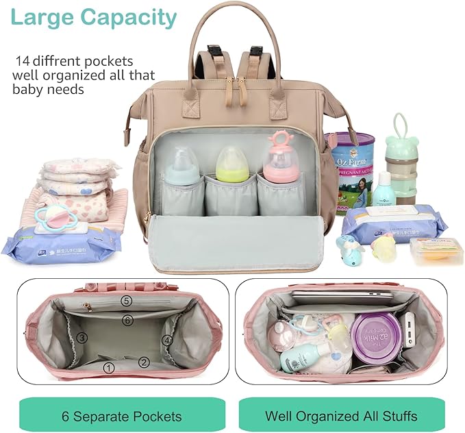 Large Diaper Bag Tote, 14 Pockets Stylish Baby Bag with Stroller Clips and 3 Insulated Pockets, Baby Shower Essentials