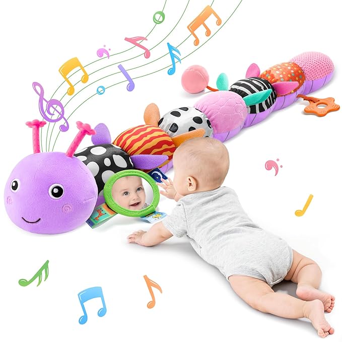 Baby Toys Sensory Musical Animal Stuffed Toy for Infant 0-3-6-12 Months Tummy Time Newborn, Plush Caterpillar with Mirror,Crinkle,Rattle Teething Toys for Baby Boys Girls Shower Gifts, Purple