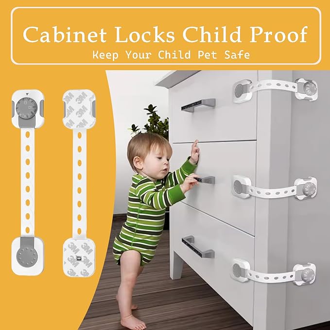 Fursafe&Q Child Safety Cabinet Proofing, Baby Cabinet Locks Adhesive Adjustable Child Safety Strap Locks Drawer Fridge Ovens Toilet Latches No Screws for Furniture Kitchen 2 Pack