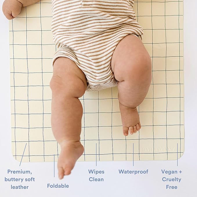 Ava + Oliver Vegan Leather Baby Changing Mat (16 X 30 in) - Multipurpose Wipeable and Portable Diaper Changing Pad - Foldable for Travel (Blue Check)