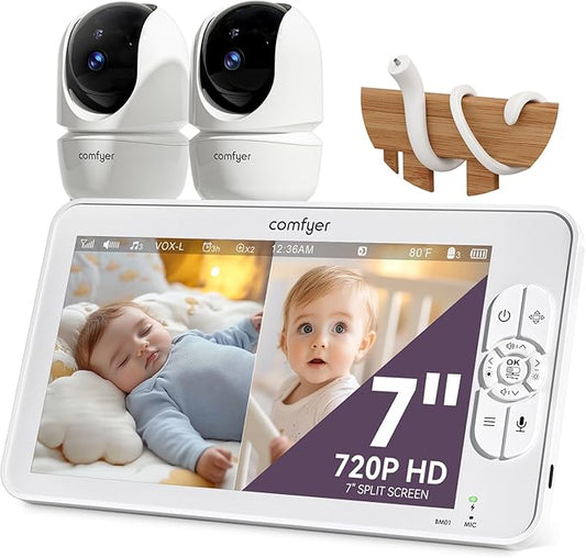 7" HD Split-Screen Baby Monitor with 2 1080P Cameras, 48 Hrs 6000mAh Battery Runs 2 Days in VOX Mode, No WiFi Monitor with a Flexible Bracket, 2 Way Audio, Remote PTZ, Auto Night Vision