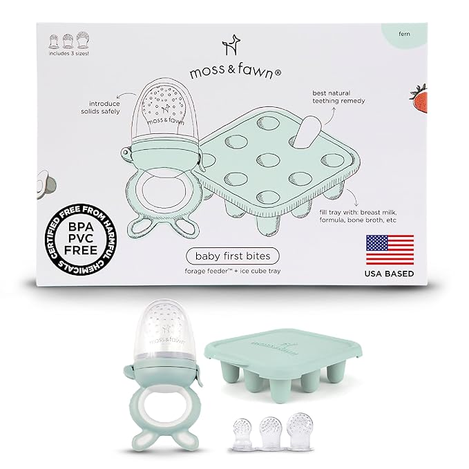 Moss and Fawn Baby's First Bites Bundle - Silicone Frozen Breast Milk Popsicle Kit with Forage Feeder & Teething Popsicle Ice Cube Tray - BPA, PVC, & Lead-Free - Fern