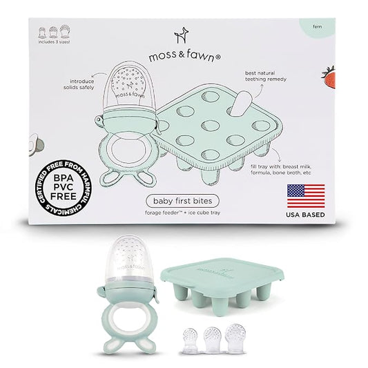 Moss and Fawn Baby's First Bites Bundle - Silicone Frozen Breast Milk Popsicle Kit with Forage Feeder & Teething Popsicle Ice Cube Tray - BPA, PVC, & Lead-Free - Fern