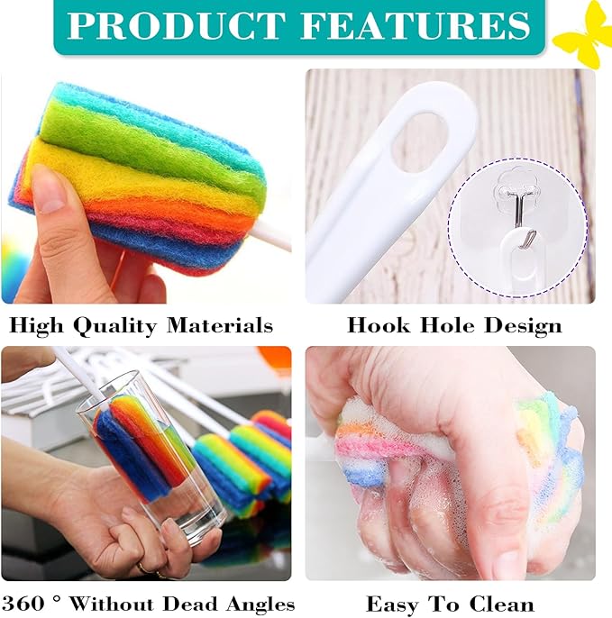 Bottle Brush 4PCS with Straw Brush 4PCS Sponge Cleaning Brushes Long Handle Scouring Pad Scrub Brushes for Kitchen Clean Baby Bottle Glasses Mugs Cups Straw (4PCS+Straw Brush 4PCS)